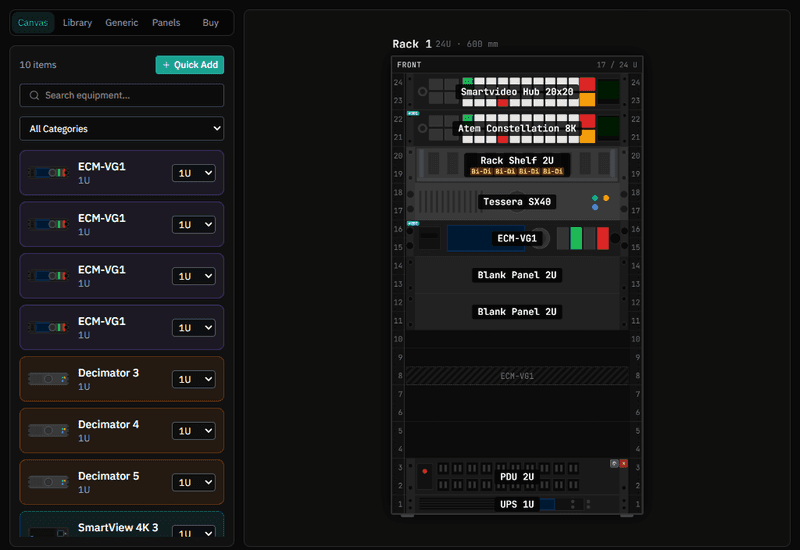 Patchify rack builder with devices being placed into a rack from the project's kit list
