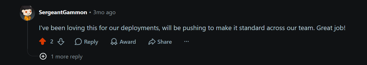 Reddit: loving this for our deployments, pushing to make it standard across our team
