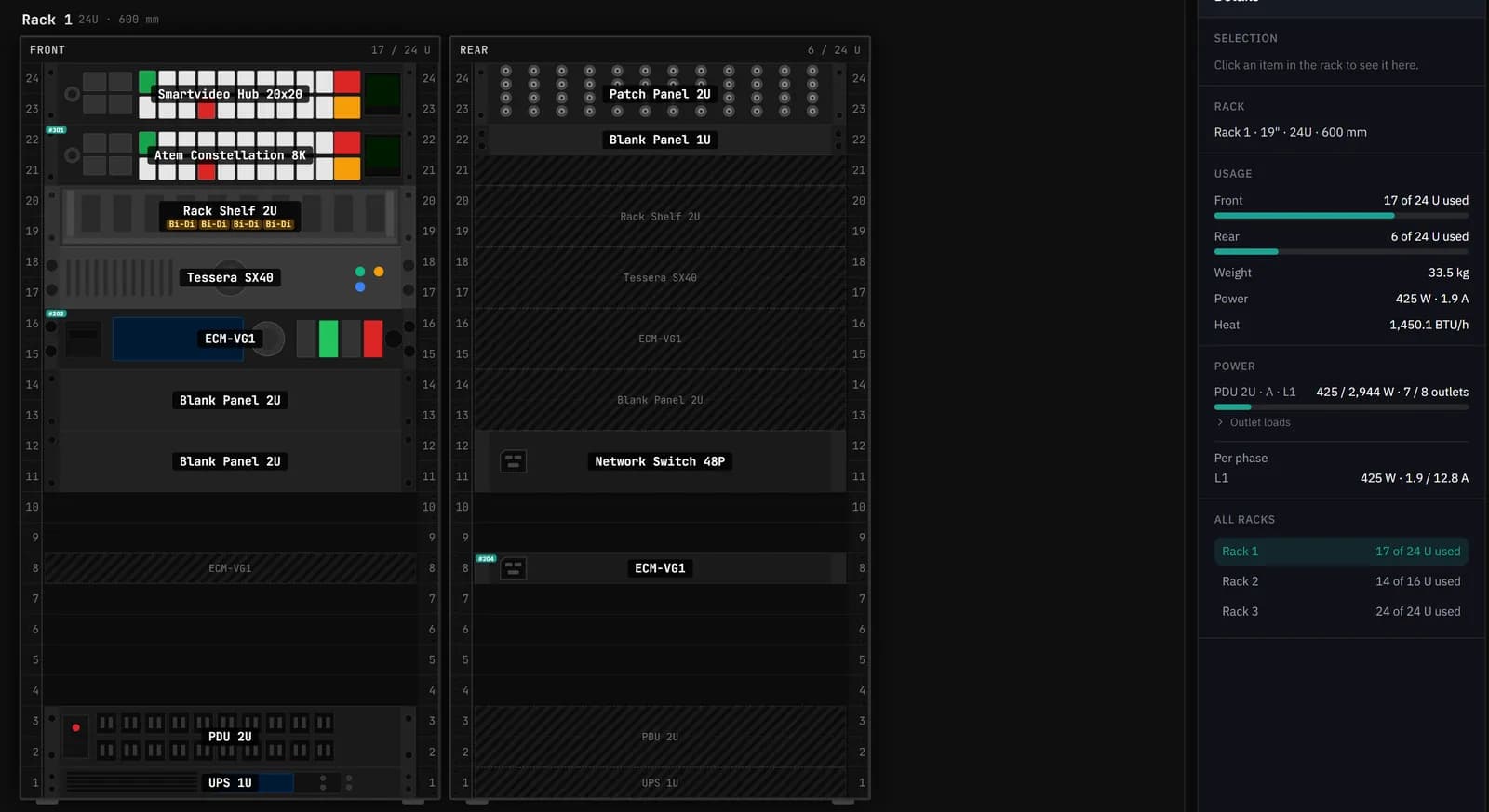 Patchify rack builder showing the front and rear of a 24U rack with a 2U patch panel at the top of the rear