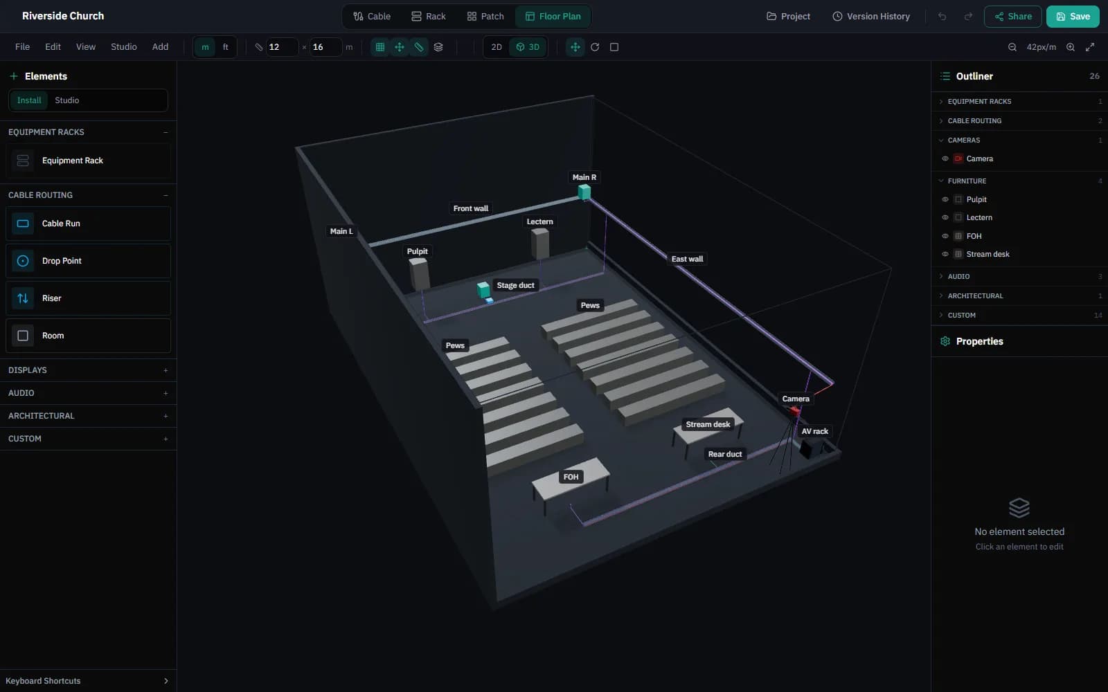 The small church starter's floor plan in 3D, with wall trays and floor ducts