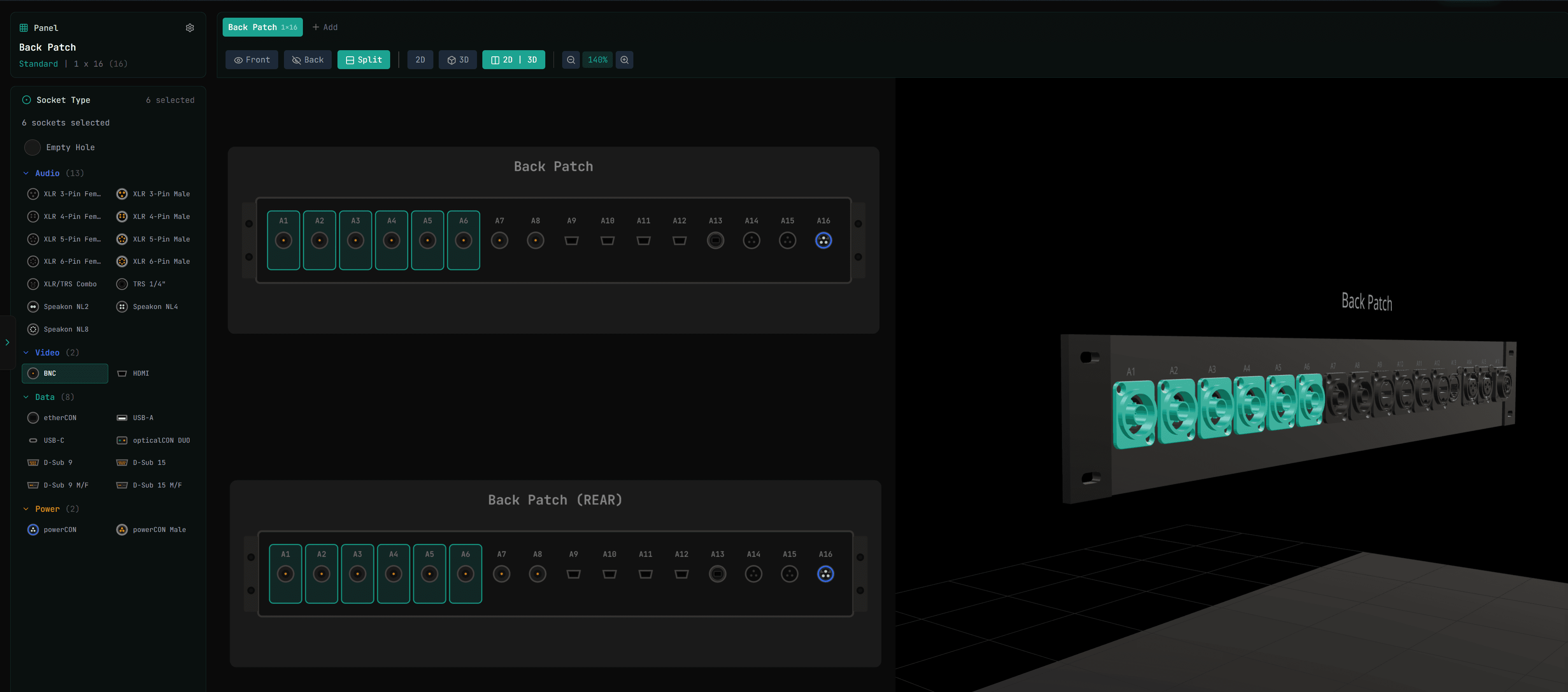 Patchify patch panel designer showing a 1U 16-way panel from the front and rear in 2D, with a 3D view of the panel