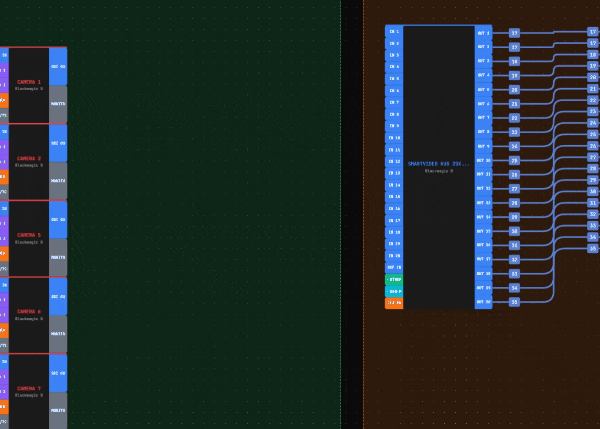 Multi-select batch connect - select multiple gear, draw one cable, and all selected gear automatically connect to sequential inputs