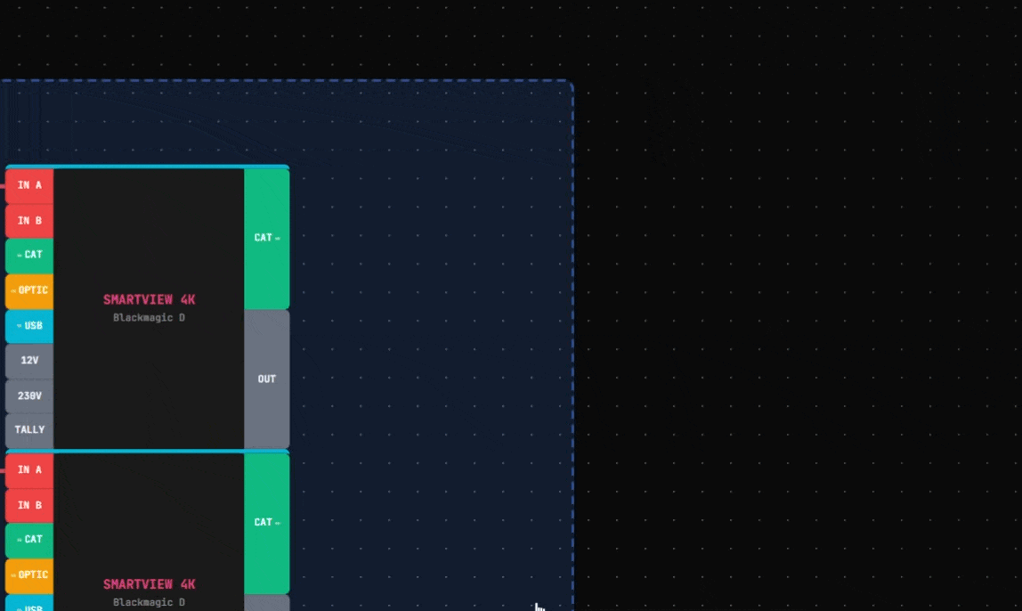 Quick Add Gear - drag a cable to empty space and release to instantly add gear from your library. The cable auto-connects to the first available input.
