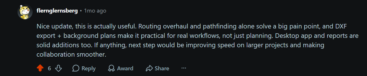 Reddit: nice update, the routing overhaul and DXF export make it practical for real workflows